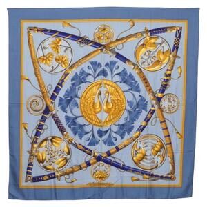HERMES Carre 140 Scarf Silk Cashmere Light Blue Auth 121330V